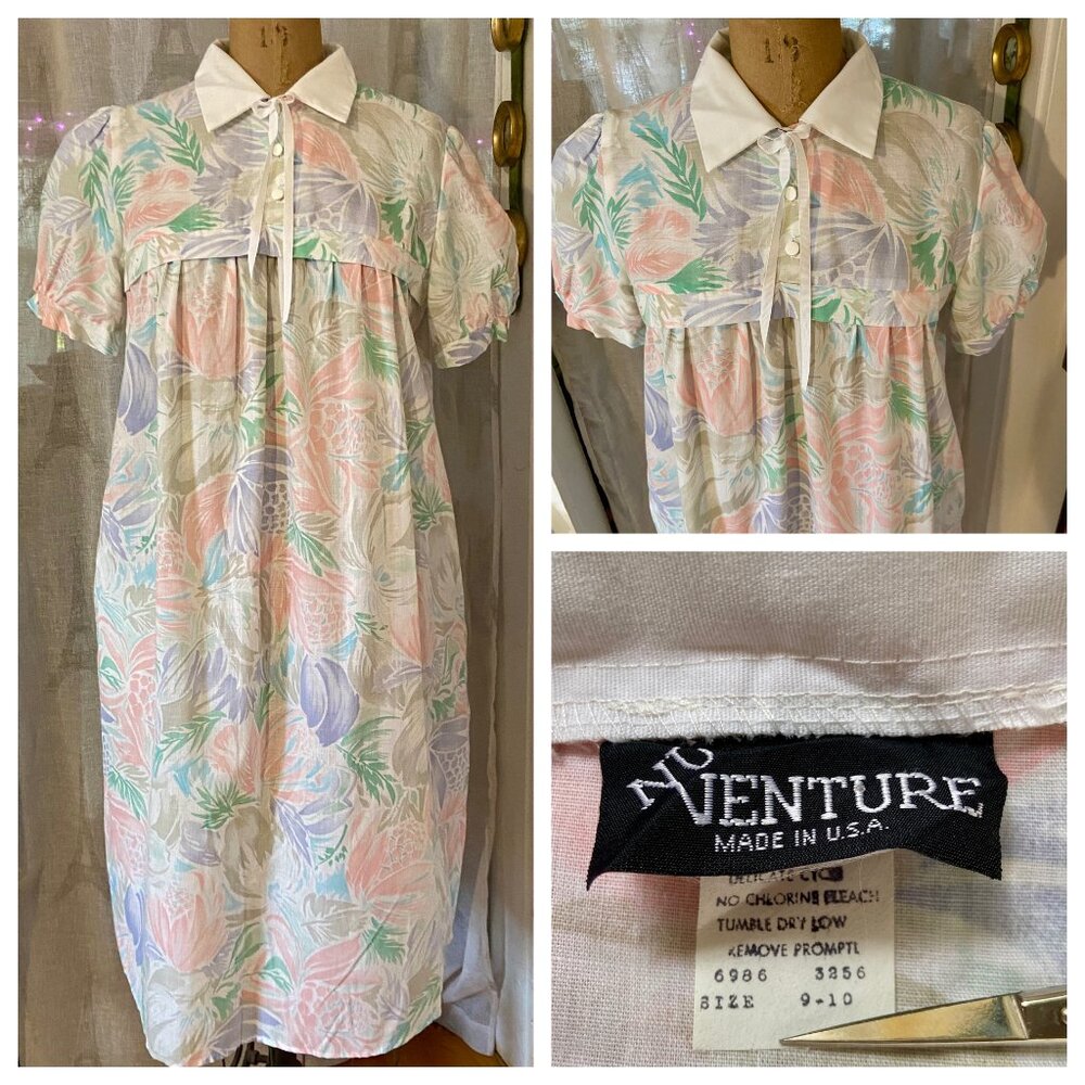 vtg 70s 80s Mod Pastel Floral SCOOTER Puffy Sleeves Modest Dress 9/10 USA EUC